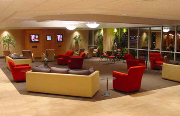 This is the lobby at Corporate Wings in South Bend. Our goal was to make it comfortable and engage a lot of color.